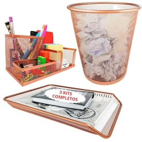 Kit3 Escritório Bandeja Organizadora Lixeira Aramad Rosegold