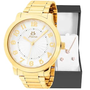 Relogio Feminino Dourado Inox Aço + Colar + Brincos + Caixa