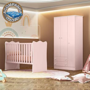 Quarto de Bebê Doce Sonho com Roupeiro 2617 e Berço Simples 1 Qmovi Rosa Acetinado + Colchão Ortobom