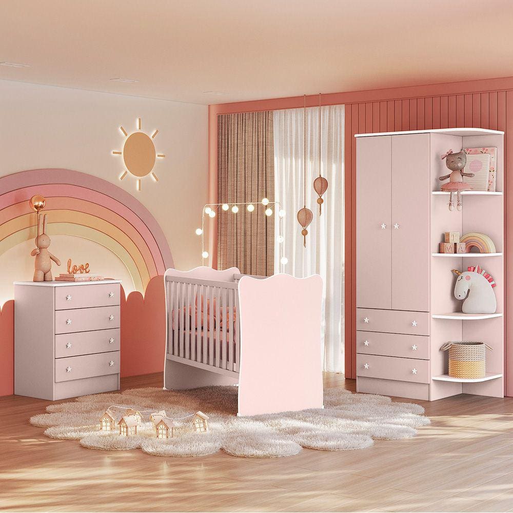 Quarto de Bebê Doce Sonho Completo Qmovi Rosa Acetinado