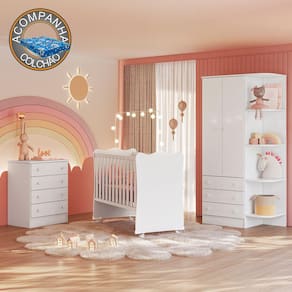Quarto de Bebê Doce Sonho Completo c/ Rodízios Qmovi Branco + Colchão Ortobom
