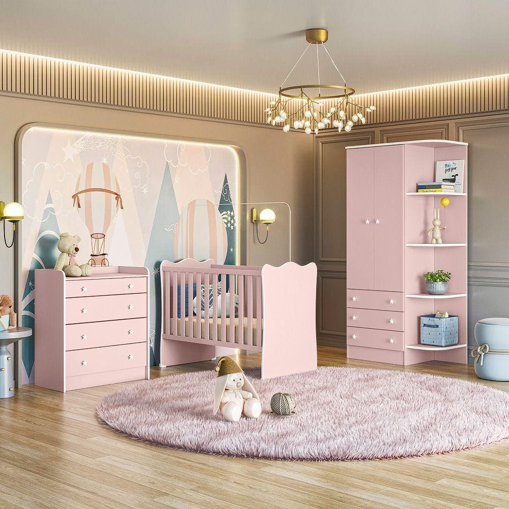 Quarto de Bebê Doce Sonho Completo Qmovi Rosa Acetinado