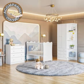Quarto de Bebê Doce Sonho Completo c/ Rodízios Qmovi Branco + Colchão Gazin