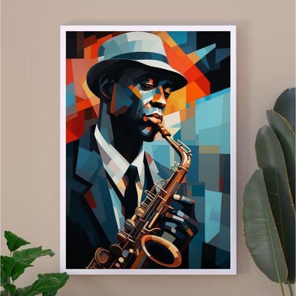 Quadro Músico Jazz - Pintura Geométrica 45X34Cm - Com Vidro