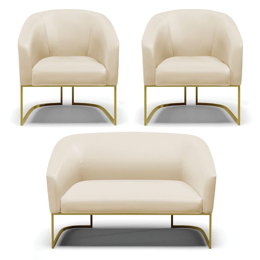 Sofá Namoradeira e 2 Poltronas Base Industrial Dourado Stella Corino Bege D03 - D`Rossi