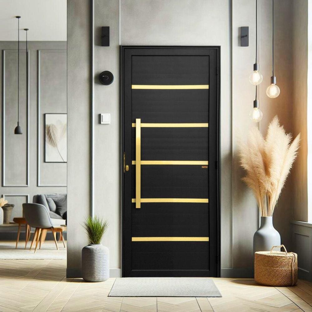Porta de Aluminio Pivotante Lambril 210x100cm com Puxador Super Premium Brimak Preto Dourado