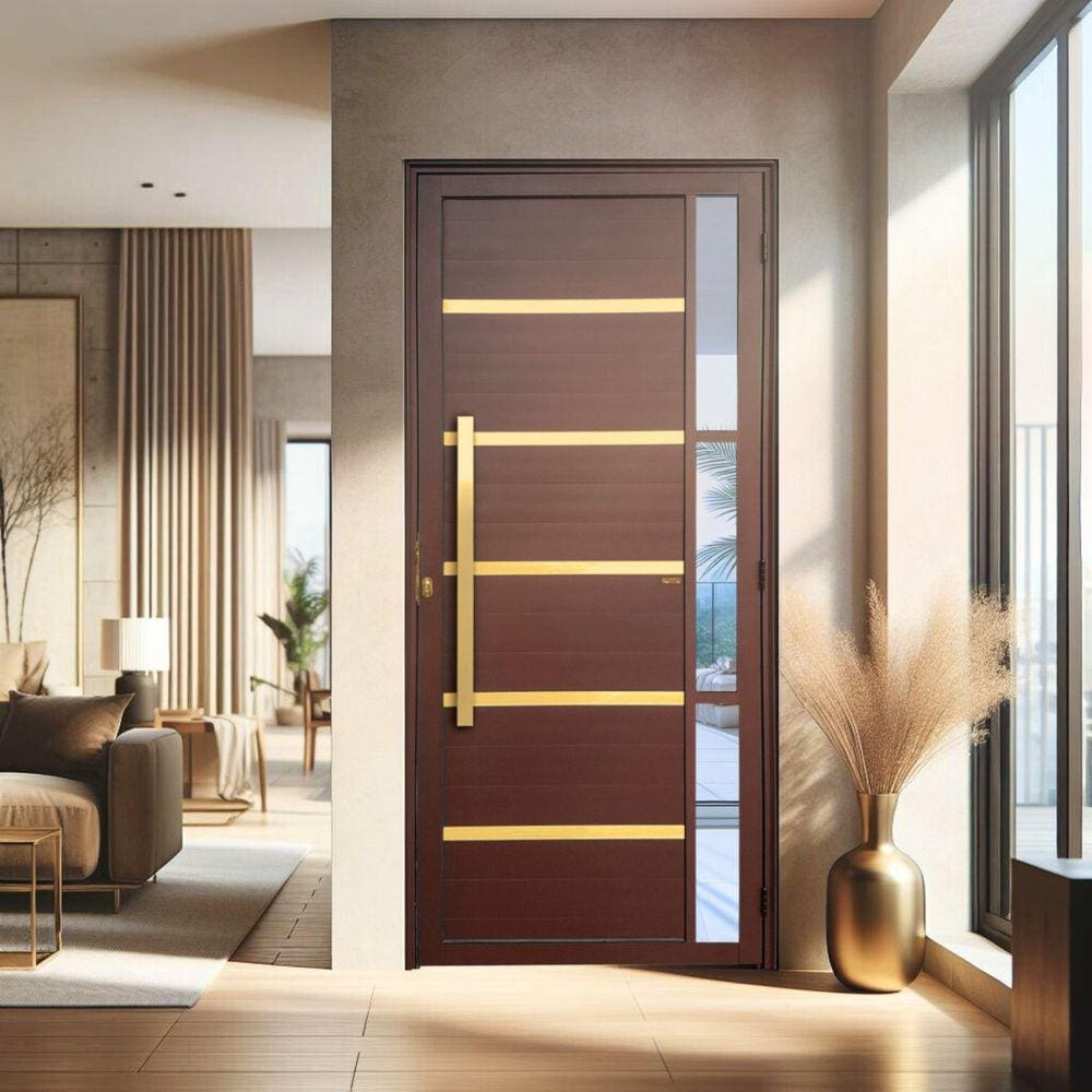 Porta de Aluminio Pivotante Lambril 210x100cm com Puxador Super Miraggio Marrom Corten Dourado
