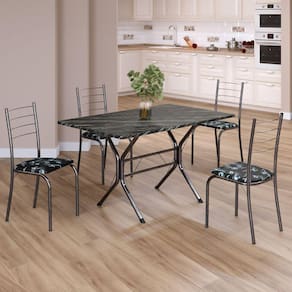 Conjunto Sala de Jantar Mesa Retangular 100x60cm Tampo Ardósia Indiana 4 Cadeiras Rio Preto Floral / Mart Prata
