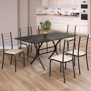 Conjunto Sala de Jantar Mesa Retangular 140x75cm Tampo Ardósia Indiana 6 Cadeiras Rio Creme / Preto Fosco