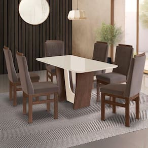 Conjunto Sala de Jantar Mesa 90x160cm T Vidro com 6 Cadeiras Madeira Maciça Tecido Joli Marrom/joli marrom/ off white