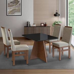 Conjunto Sala de Jantar Mesa 90x120cm T Vidro com 4 Cadeiras Madeira Maciça Marrom/Creme/Preto