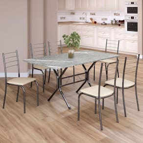 Conjunto Sala de Jantar Mesa Retangular 140x75cm Tampo Granito Topázio 6 Cadeiras Rio Creme / Mart Prata