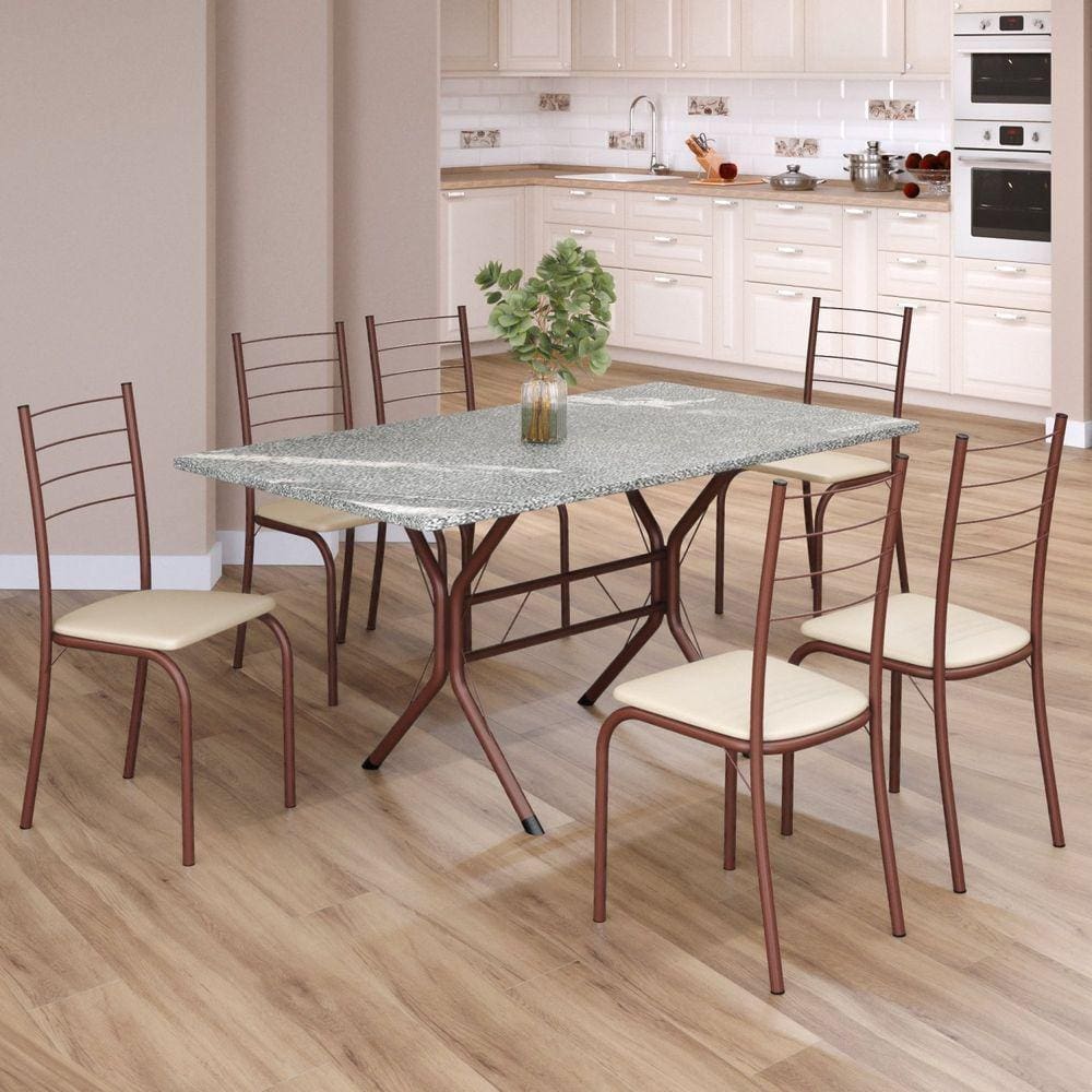 Conjunto Sala de Jantar Mesa Retangular 140x75cm Tampo Granito Topázio 6 Cadeiras Rio Creme / Marrom