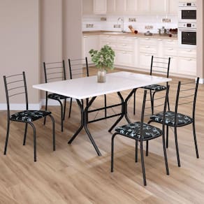 Conjunto Sala de Jantar Mesa Retangular 140x75cm Tampo Madeira Mdp 6 Cadeiras Rio Preto Floral / Preto Fosco