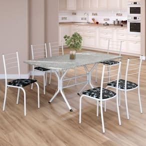 Conjunto Sala de Jantar Mesa Retangular 140x75cm Tampo Granito Topázio 6 Cadeiras Rio Preto Floral / Branco