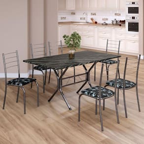 Conjunto Sala de Jantar Mesa Retangular 140x75cm Tampo Madeira Mdp Indiana 6 Cadeiras Rio Preto Floral / Mart Prata