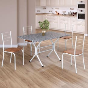 Conjunto Sala de Jantar Mesa Retangular 100x60cm Tampo Granito Ocre 4 Cadeiras Rio C. Marrom / Branco