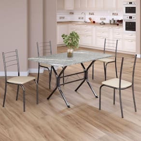 Conjunto Sala de Jantar Mesa Retangular 100x60cm Tampo Granito Topázio 4 Cadeiras Rio Creme / Mart Prata