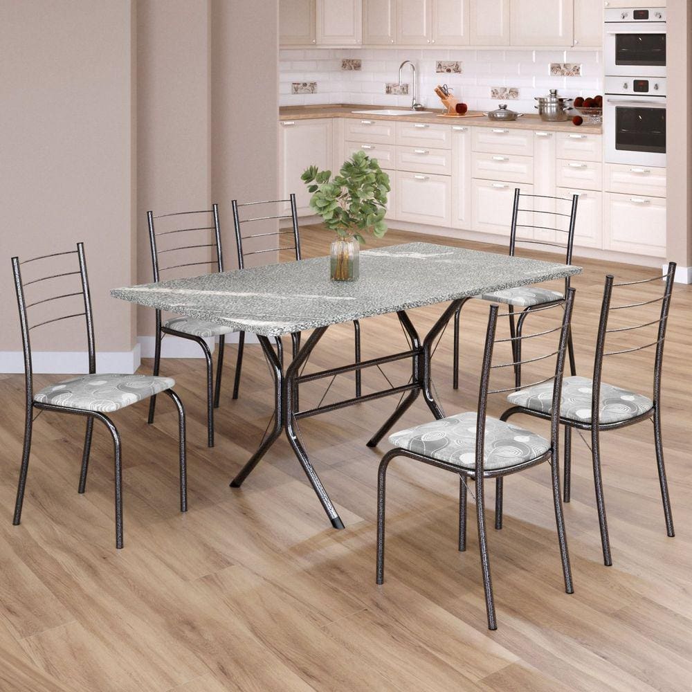 Conjunto Sala de Jantar Mesa Retangular 140x75cm Tampo Granito Topázio 6 Cadeiras Rio Paraopeba / Mart Prata