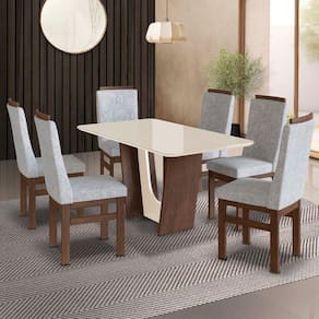 Conjunto Sala de Jantar Mesa 90x160cm T Vidro com 6 Cadeiras Madeira Maciça Tecido Joli Marrom/Off White/cinza