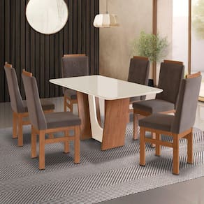 Conjunto Sala de Jantar Mesa 90x160cm T Vidro com 6 Cadeiras Madeira Maciça Tecido Joli Canela/joli Marrom/off White