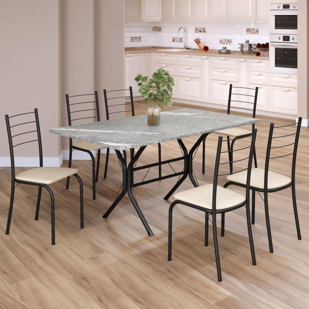 Conjunto Sala de Jantar Mesa Retangular 140x75cm Tampo Granito Topázio 6 Cadeiras Rio Creme / Preto Fosco