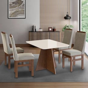 Conjunto Sala de Jantar Mesa 90x120cm T Vidro com 4 Cadeiras Madeira Maciça Canela/Off White/Creme