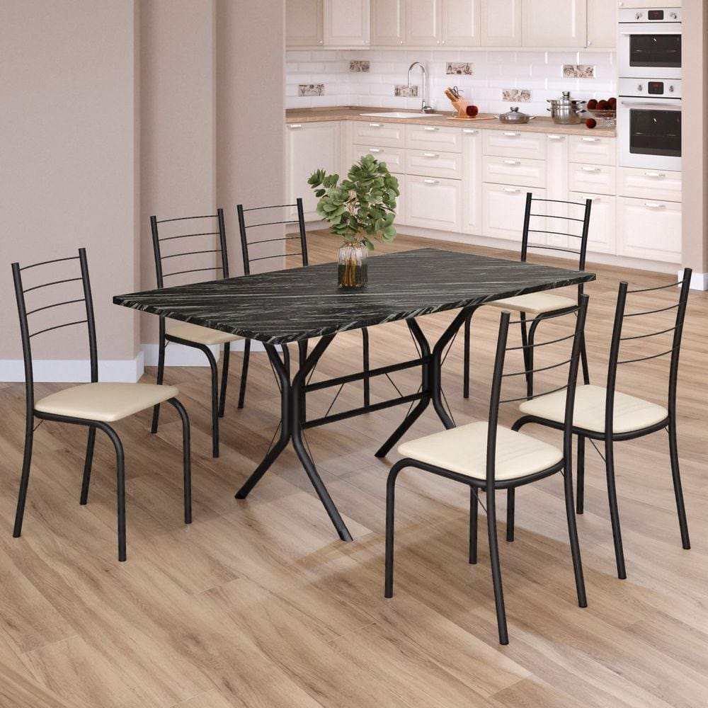 Conjunto Sala de Jantar Mesa Retangular 140x75cm Tampo Madeira Mdp Indiana 6 Cadeiras Rio Creme / Preto Fosco
