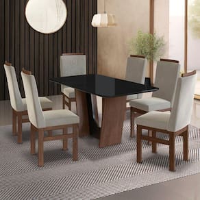 Conjunto Sala de Jantar Mesa 90x160cm T Vidro com 6 Cadeiras Madeira Maciça Tecido Joli Canela/Joli Creme/Vidro preto