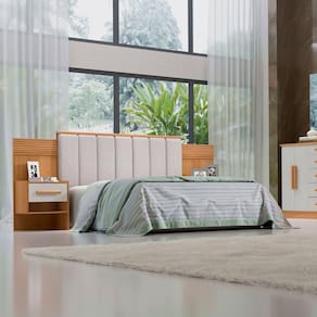 Cabeceira Casal Queen 160 Cm Ripada 100% Mdf Estofada Isis com 02 Mesas de Cabeceira Cinamomo/Off White/Areia