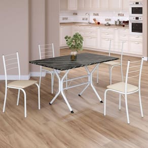 Conjunto Sala de Jantar Mesa Retangular 100x60cm Tampo Ardósia Indiana 4 Cadeiras Rio Creme / Branco