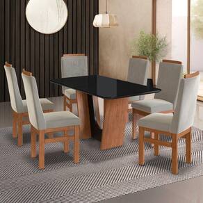 Conjunto Sala de Jantar Mesa 90x160cm T Vidro com 6 Cadeiras Madeira Maciça Tecido Joli Canela/preto/joli Creme