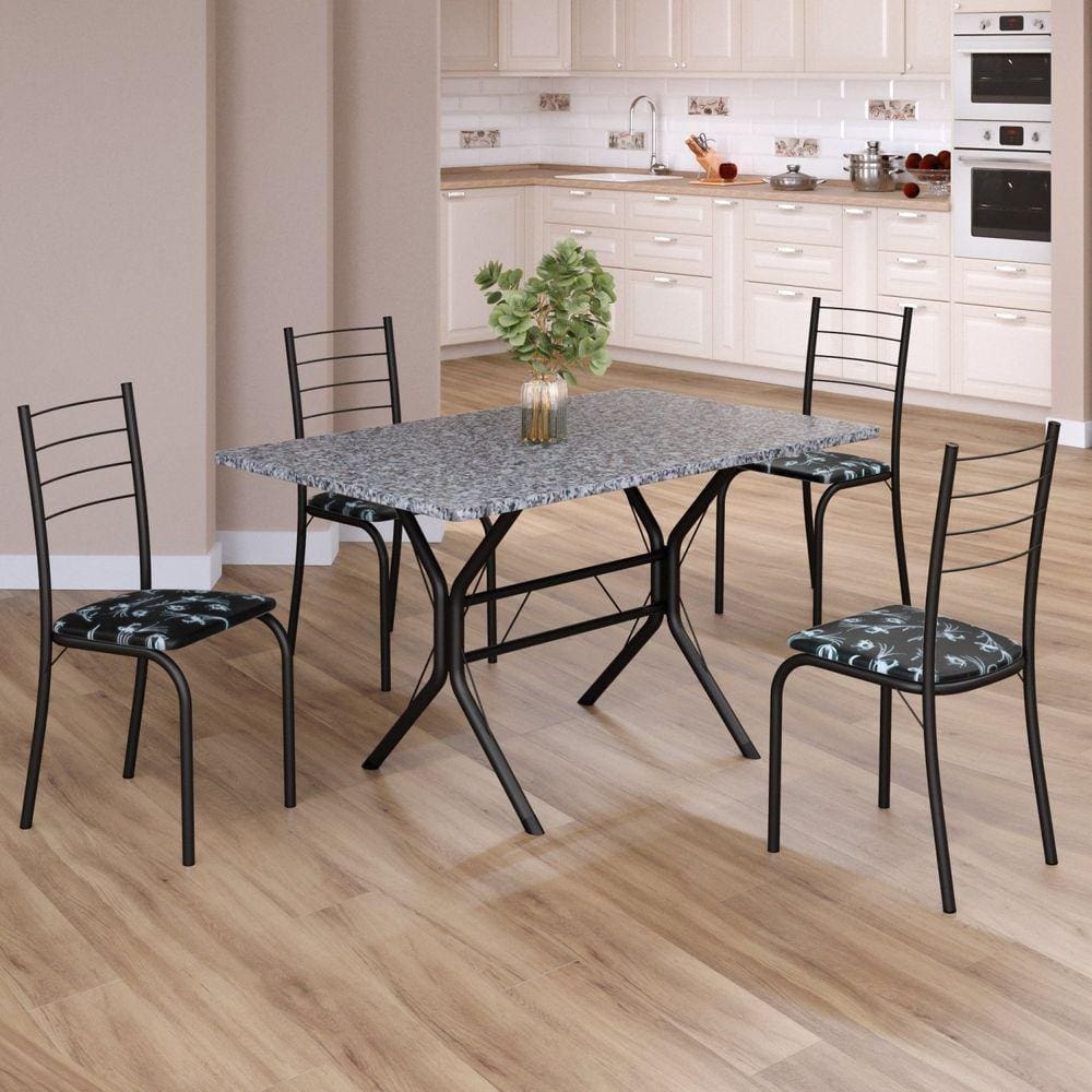 Conjunto Sala de Jantar Mesa Retangular 100x60cm Tampo Granito Ocre 4 Cadeiras Rio Preto Floral / Preto Fosco