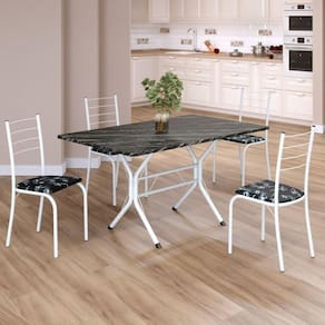 Conjunto Sala de Jantar Mesa Retangular 120x75cm Tampo Ardósia Indiana 4 Cadeiras Rio Preto Floral / Branco