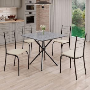 Conjunto Sala de Jantar Mesa Quadrada 70x70cm Tampo Granito Ocre 4 Cadeiras Rio Creme / Mart Prata