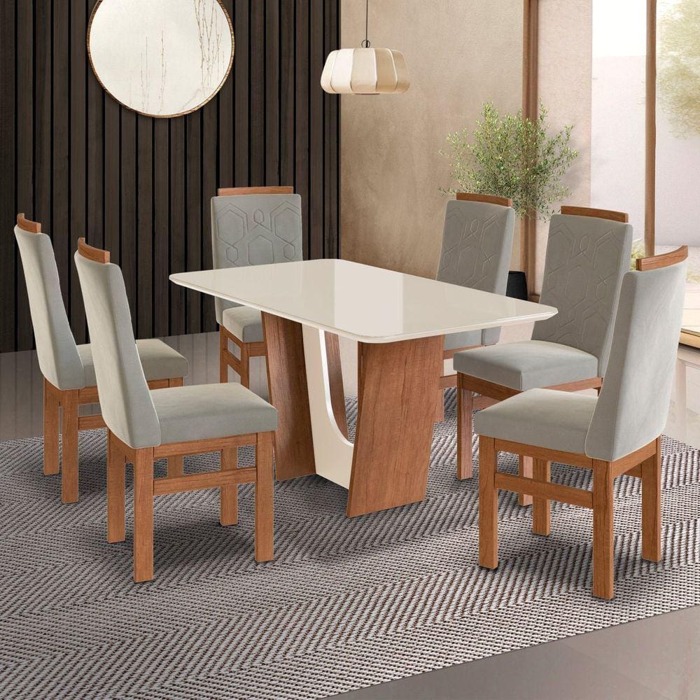 Conjunto Sala de Jantar Mesa 90x160cm T Vidro com 6 Cadeiras Madeira Maciça Tecido Joli Canela/Off White/Creme