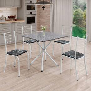 Conjunto Sala de Jantar Mesa Quadrada 70x70cm Tampo Granito Ocre 4 Cadeiras Rio Preto Floral / Branco