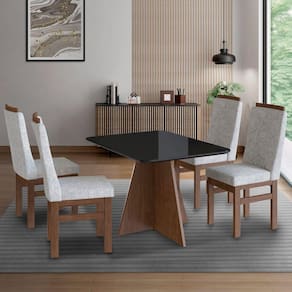 Conjunto Sala de Jantar Mesa 90x120cm T Vidro com 4 Cadeiras Madeira Maciça Tecido Joli Marrom/vidro Preto