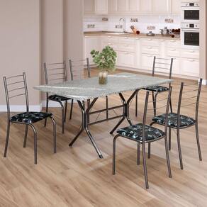 Conjunto Sala de Jantar Mesa Retangular 140x75cm Tampo Granito Topázio 6 Cadeiras Rio Preto Floral / Mart Prata