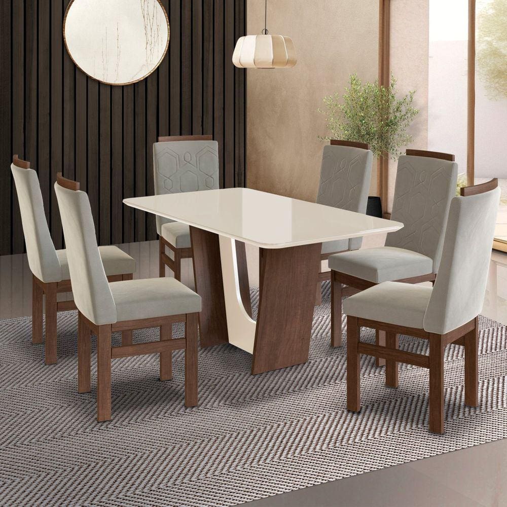 Conjunto Sala de Jantar Mesa 90x160cm T Vidro com 6 Cadeiras Madeira Maciça Tecido Joli Marrom/Off White/Creme