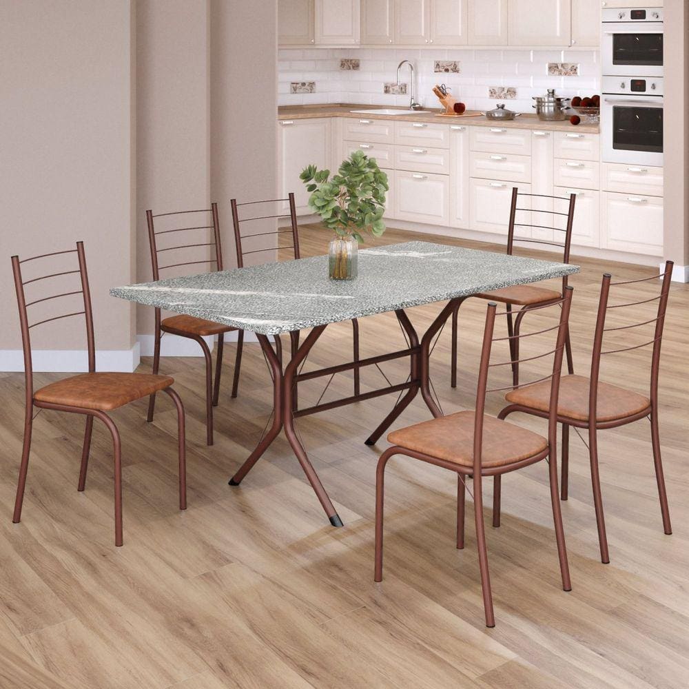 Conjunto Sala de Jantar Mesa Retangular 140x75cm Tampo Granito Topázio 6 Cadeiras Rio Marrom