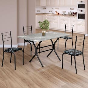 Conjunto Sala de Jantar Mesa Retangular 100x60cm Tampo Granito Topázio 4 Cadeiras Rio Preto Floral / Preto Fosco