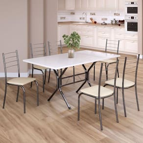 Conjunto Sala de Jantar Mesa Retangular 140x75cm Tampo Madeira Mdp 6 Cadeiras Rio Creme / Mart Prata