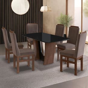 Conjunto Sala de Jantar Mesa 90x160cm T Vidro com 6 Cadeiras Madeira Maciça Tecido Joli Marrom/joli marrom/Vidro preto