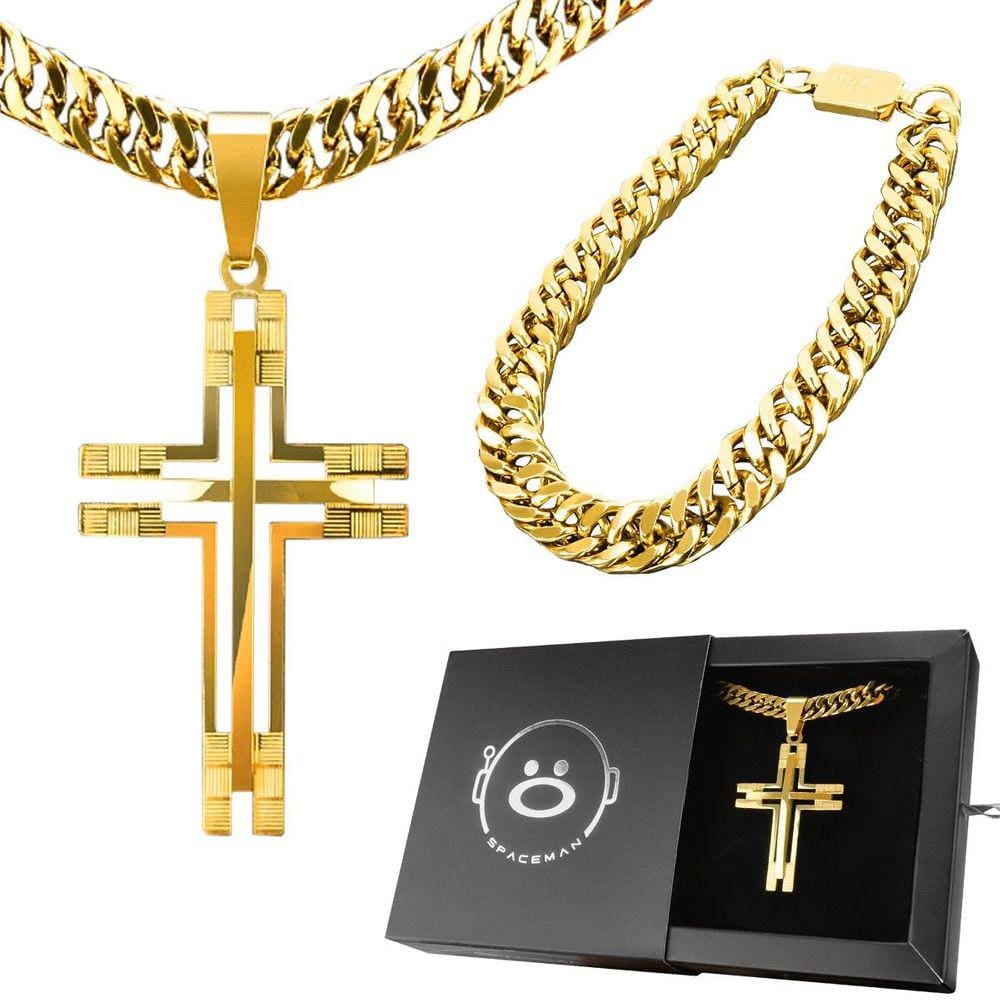 pingente crucifixo + caixa + corrente banhada ouro + pulseira moda masculina presente religioso
