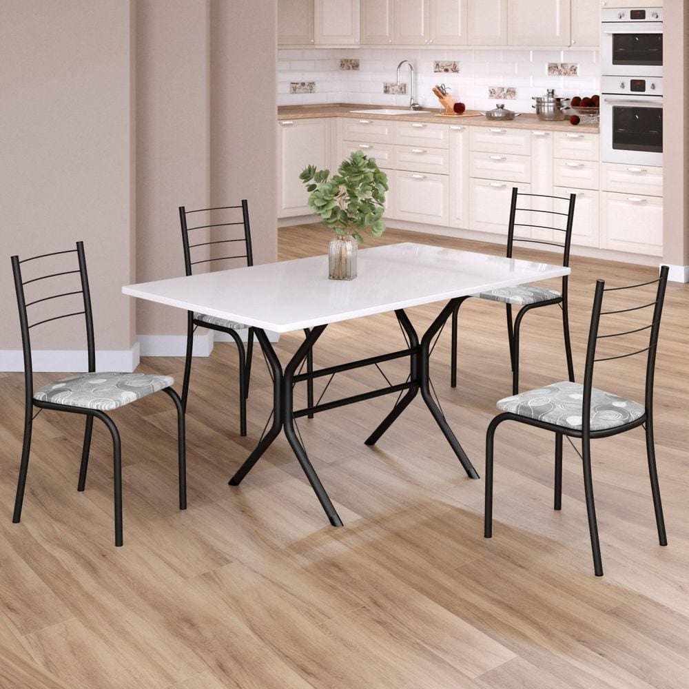 Conjunto Sala de Jantar Mesa Retangular 120x75cm Tampo Madeira Mdp White 4 Cadeiras Rio Paraopeba/ Preto Fosco