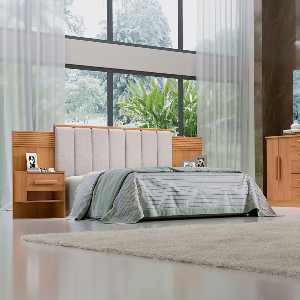 Cabeceira Casal Queen 160 Cm Ripada 100% Mdf Estofada Isis com 02 Mesas de Cabeceira Cinamomo/Areia