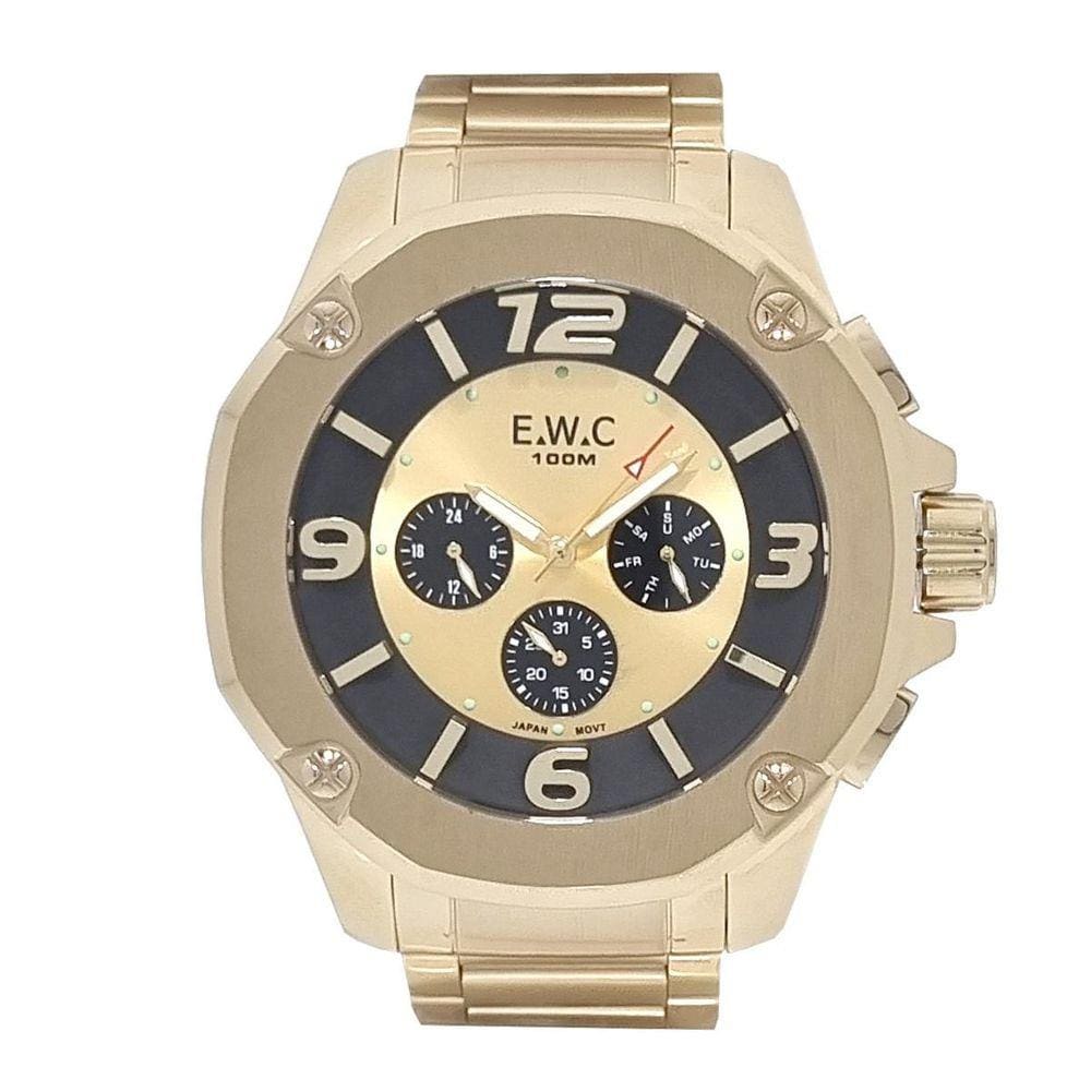 Relógio Masculino Ewc Multifunções Dourado Aço Inox 100M