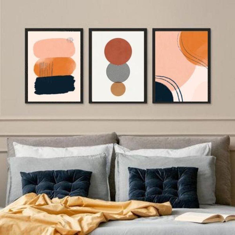 Kit 3 Quadros Para Quarto Marrom - Abstratos 45X34Cm