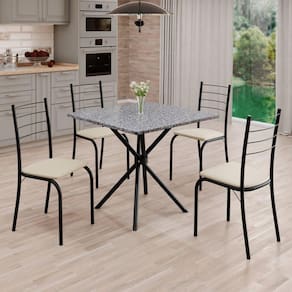Conjunto Sala de Jantar Mesa Quadrada 70x70cm Tampo Granito Ocre 4 Cadeiras Rio Creme / Preto Fosco